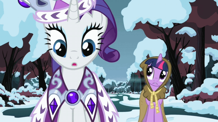 Size: 720x405 | Tagged: animated, caption, clover the clever, derpibooru import, hearth's warming eve, hearth's warming eve (episode), one word, princess platinum, rarity, reaction image, safe, screencap, twilight sparkle