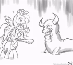 Size: 800x711 | Tagged: applejack, artist:johnjoseco, crossover, derpibooru import, fluttershy, grayscale, infernal seal, kingdom of loathing, monochrome, safe, seal clubber, turtle tamer