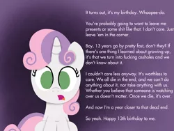 Size: 2000x1500 | Tagged: safe, artist:dtcx97, derpibooru import, sweetie belle, pony, unicorn, birthday, female, filly, foal, horn, lineless, nihilism, open mouth, post-crusade, sitting, solo, vulgar