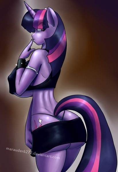 Size: 1570x2290 | Tagged: anthro, artist:marauder6272, ass, big breasts, bimbo, bimbo sparkle, breasts, busty twilight sparkle, butt, clothes, cutie mark, derpibooru import, female, horn, huge breasts, multicolored hair, panties, purple eyes, questionable, solo, solo female, tail, thong, twibutt, twilight sparkle, underboob, underwear