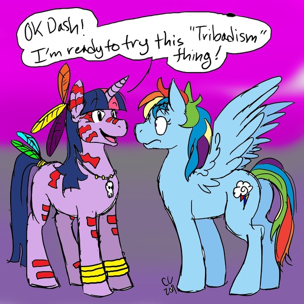 Size: 1500x1500 | Tagged: suggestive, artist:cartoonlion, derpibooru import, rainbow dash, twilight sparkle, female, funny, lesbian, misunderstanding, pun, shipping, tribadism, tribal, tribalism, twidash, wingboner