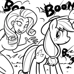 Size: 962x962 | Tagged: safe, artist:megasweet, derpibooru import, applejack, rarity, pony, humanized, monochrome