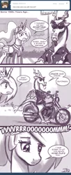 Size: 600x1467 | Tagged: suggestive, artist:johnjoseco, derpibooru import, discord, princess celestia, alicorn, pony, ask princess molestia, princess molestia, biker, comic, dislestia, female, male, motorcycle, shipping, straight, sunglasses