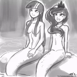 Size: 850x850 | Tagged: artist:johnjoseco, belly button, breasts, derpibooru import, female, females only, godiva hair, grayscale, mermaid, mermaidized, monochrome, nudity, princess luna, skinny, strategically covered, suggestive, twilight sparkle