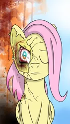 Size: 1800x3200 | Tagged: semi-grimdark, artist:edvedd, derpibooru import, fluttershy, pegasus, pony, bloodshot eyes, bust, cracks, duality, female, folded wings, inner demons, looking at you, mare, one eye closed, portrait, solo, wings