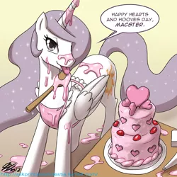 Size: 800x800 | Tagged: suggestive, artist:johnjoseco, derpibooru import, princess celestia, alicorn, pony, ask princess molestia, princess molestia, apron, cake, clothes, female, food, hearts and hooves day, mare
