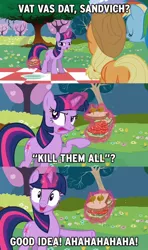 Size: 474x800 | Tagged: a canterlot wedding, applejack, derpibooru import, edit, edited screencap, heavy weapons guy, image macro, kill them all, safe, sandvich, sandwich, sandwich armor, screencap, team fortress 2, this will end in pain, twilight sparkle