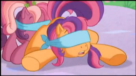 Size: 454x255 | Tagged: safe, derpibooru import, cheerilee (g3), scootaloo (g3), blindfold, g3.5, image, implied incest, out of context, png, sisters, the human centipede