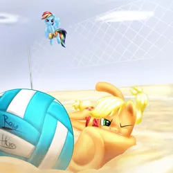 Size: 1000x1000 | Tagged: applejack, artist:rayhiros, ball, beach, clothes, derpibooru import, duo, flying, net, rainbow dash, safe, sand, volleyball