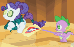 Size: 419x267 | Tagged: safe, derpibooru import, screencap, rarity, spike, dragon, pony, unicorn, green isn't your color, animated, cucumber, duo, eyes on the prize, fan, fanning, female, grin, male, prone, sauna, seaweed wrap, shipping fuel, smiling, spa, subtle as a train wreck