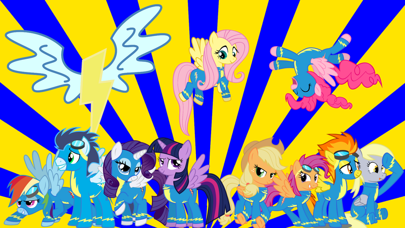 Size: 1920x1080 | Tagged: safe, artist:neodarkwing, derpibooru import, applejack, derpy hooves, fluttershy, pinkie pie, rainbow dash, rarity, scootaloo, soarin', spitfire, twilight sparkle, twilight sparkle (alicorn), alicorn, pony, race swap, raricorn, wonderbolts, wonderbolts uniform, wondershy