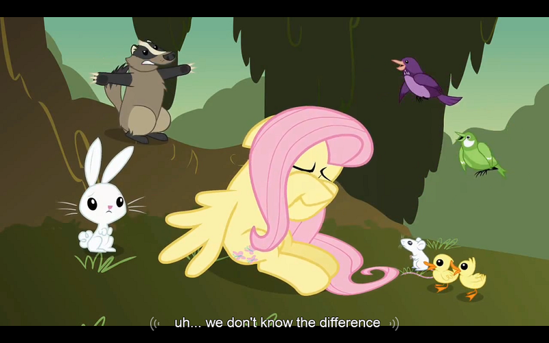 Size: 1024x640 | Tagged: angel bunny, badger, bird, chickadee (bird), derpibooru import, duckling, fluttershy, hurricane fluttershy, mouse, purple martin, safe, screencap, youtube caption