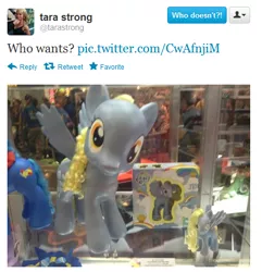 Size: 468x486 | Tagged: safe, derpibooru import, derpy hooves, pegasus, pony, comic con, fashion style, female, irl, mare, photo, san diego comic con, tara strong, toy, twitter