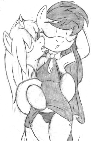 Size: 489x759 | Tagged: questionable, artist:tg-0, derpibooru import, octavia melody, vinyl scratch, anthro, arm hooves, armpits, breasts, cameltoe, clothes, dress, female, lesbian, licking, monochrome, nipples, nudity, panties, scratchtavia, shipping, traditional art, underwear, undressing