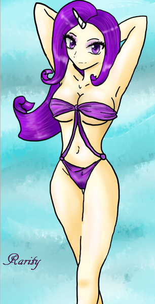 Size: 896x1754 | Tagged: armpits, artist:divinekitten, belly button, breasts, busty rarity, cleavage, clothes, derpibooru import, female, horned humanization, human, humanized, rarity, solo, solo female, suggestive, swimsuit