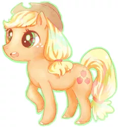 Size: 385x413 | Tagged: safe, artist:pastel-bunny, artist:pasuteru-usagi, derpibooru import, applejack, earth pony, pony, female, hat, mare, open mouth, outline, raised hoof, simple background, solo, standing, white background