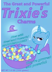 Size: 3218x4500 | Tagged: safe, artist:namelesshero2222, derpibooru import, trixie, pony, unicorn, blue background, cereal, cereal box, female, food, looking at you, mare, simple background, smug, solo, vector