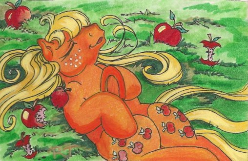 Size: 508x330 | Tagged: apple, applejack (g1), artist:kiss-the-thunder, both cutie marks, derpibooru import, food, g1, on back, safe, solo, traditional art, underhoof