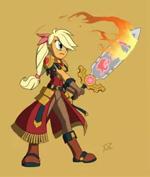 Size: 1146x1350 | Tagged: applejack, artist:didj, derpibooru import, enchanted weapon, fantasy class, flaming sword, humanized, knight, my little mages, orange background, orange skin, paladin, pony coloring, safe, simple background, solo, sword, warrior, weapon