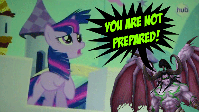 Size: 774x434 | Tagged: artist:krekka01, derpibooru import, edit, edited screencap, flowing mane, hub logo, illidan stormrage, safe, screencap, spoiler:s03, the crystal empire, twilight sparkle, warcraft, windswept mane, world of warcraft