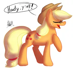 Size: 707x678 | Tagged: applejack, artist:thepipefox, derpibooru import, eyes closed, raised hoof, safe, simple background, solo