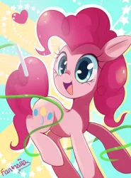 Size: 620x837 | Tagged: safe, artist:ipun, derpibooru import, pinkie pie, earth pony, pony, cute, diapinkes, heart, open mouth, ribbon, solo, stars