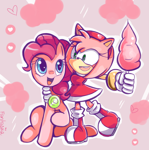 Size: 700x706 | Tagged: amy rose, artist:ipun, cotton candy, crossover, derpibooru import, food, pink, pinkie pie, safe, sonic the hedgehog (series)