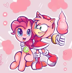 Size: 700x706 | Tagged: amy rose, artist:ipun, cotton candy, crossover, derpibooru import, food, pink, pinkie pie, safe, sonic the hedgehog (series)