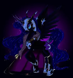 Size: 800x860 | Tagged: safe, artist:longinius, derpibooru import, nightmare moon, alicorn, pony, armor, black background, cape, clothed ponies, clothes, coat, ethereal mane, feather boa, female, helmet, hoof shoes, mare, simple background, solo, starry mane