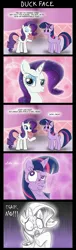 Size: 726x2402 | Tagged: safe, artist:melancholy, derpibooru import, rarity, twilight sparkle, unicorn, comic, dialogue, duckface, egads no, faic, pouting, speech bubble, unicorn twilight