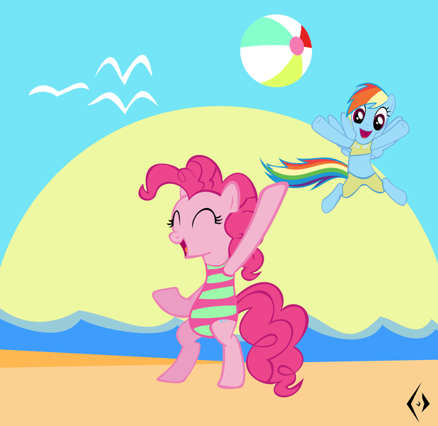 Size: 3955x3840 | Tagged: artist:psychedelicskooma, beach, beach ball, bikini, clothes, cute, derpibooru import, high res, one-piece swimsuit, pinkie pie, rainbow dash, safe, swimsuit