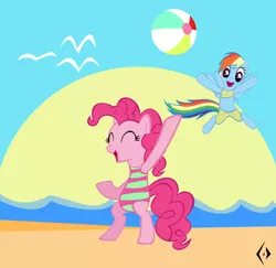Size: 3955x3840 | Tagged: artist:psychedelicskooma, beach, beach ball, bikini, clothes, cute, derpibooru import, high res, one-piece swimsuit, pinkie pie, rainbow dash, safe, swimsuit