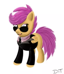 Size: 445x513 | Tagged: dead source, safe, artist:denial-is-tragic, derpibooru import, scootaloo, pegasus, pony, clothes, necktie, solo, suit, suitaloo, sunglasses