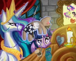 Size: 2448x1944 | Tagged: artist:fauxsquared, cute, dead source, derpibooru import, framed picture, glasses, magic, momlestia, princess celestia, princess luna, safe, sewing, smarty pants, twiabetes, twilight sparkle