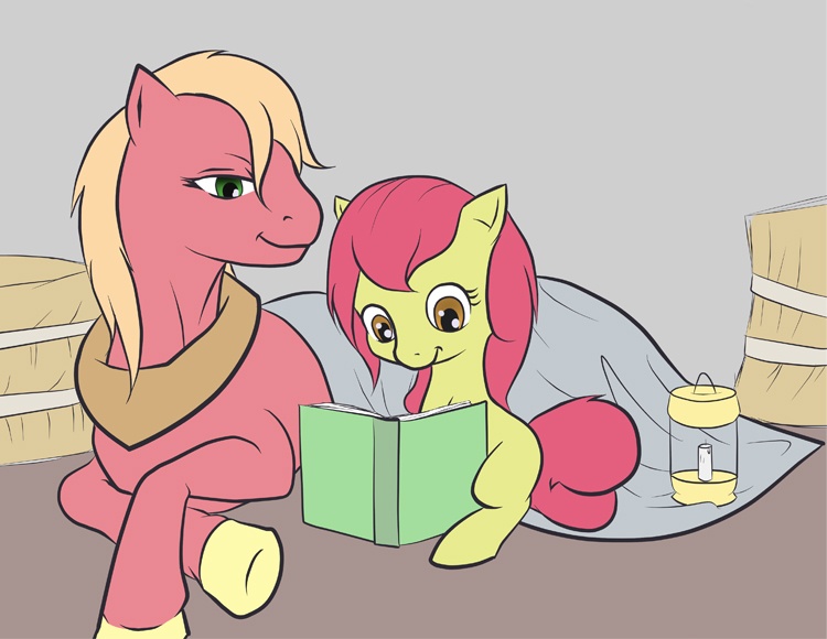 Size: 750x580 | Tagged: safe, artist:jalm, derpibooru import, apple bloom, big macintosh, earth pony, pony, book, male, reading, stallion