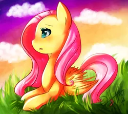 Size: 990x880 | Tagged: safe, artist:nayobe, derpibooru import, fluttershy, pegasus, pony, cloud, colored pupils, cute, female, looking away, mare, open mouth, outdoors, profile, prone, shyabetes, signature, solo, wings