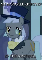 Size: 353x506 | Tagged: safe, derpibooru import, edit, edited screencap, screencap, caesar, count caesar, earth pony, pony, green isn't your color, caption, hat, image macro, male, monocle and top hat, solo focus, stallion