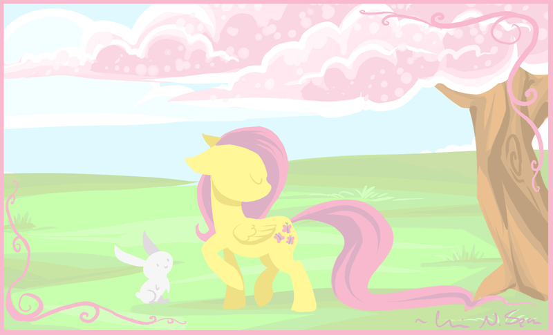 Size: 2620x1589 | Tagged: safe, artist:busoni, derpibooru import, angel bunny, fluttershy, pegasus, pony, duo, eyes closed, female, floppy ears, folded wings, head turn, mare, outdoors, raised hoof, raised leg, standing, tree, vignette, wings