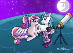 Size: 2300x1653 | Tagged: artist:kuromi, derpibooru import, fanfic, fanfic art, female, filly twilight sparkle, male, mare in the moon, moon, night, princess cadance, safe, shining armor, shiningcadance, shipping, straight, telescope