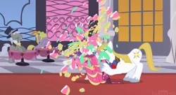 Size: 847x462 | Tagged: safe, derpibooru import, screencap, caesar, lyrica lilac, prince blueblood, rarity, earth pony, pony, unicorn, the best night ever, arrogant, cake, clothes, dress, duo focus, female, gala dress, male, mare, money shot, selfish, shield, sin of pride, splat, stallion, unshorn fetlocks, youtube