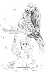 Size: 1000x1500 | Tagged: safe, artist:sunibee, derpibooru import, fluttershy, butterfly, human, pegasus, pony, black and white, crossover, female, friday the 13th, grayscale, imminent death, imminent decapitation, impending doom, jason voorhees, looking at you, machete, mare, monochrome, sitting, this will end in death