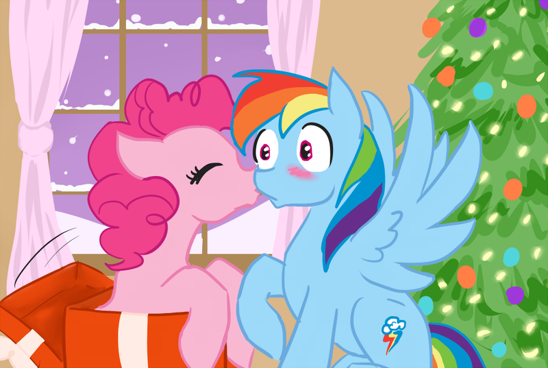 Size: 900x604 | Tagged: safe, artist:bux, derpibooru import, pinkie pie, rainbow dash, christmas, christmas tree, female, kissing, lesbian, pinkiedash, present, shipping, surprise kiss, surprised, tree, wingboner