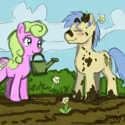 Size: 1280x1280 | Tagged: safe, artist:johnjoseco, derpibooru import, daisy, flower wishes, goldengrape, sir colton vines iii, earth pony, pony, daisygrape, female, garden, male, mare, shipping, stallion, straight