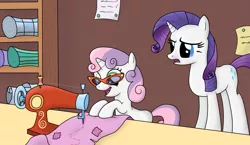 Size: 2913x1693 | Tagged: safe, artist:misstickles, derpibooru import, rarity, sweetie belle, pony, unicorn, duo, duo female, female, filly, glasses, mare, open mouth, sewing, sisters