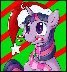 Size: 422x452 | Tagged: safe, artist:lustrous-dreams, derpibooru import, twilight sparkle, pony, candy cane, christmas, clothes, female, hat, mare, santa hat, scarf, smiling, solo, striped scarf