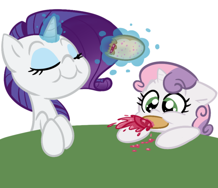 Size: 808x700 | Tagged: safe, artist:tess, derpibooru import, rarity, sweetie belle, pony, unicorn, donut, duo, duo female, eating, female, food, glowing horn, jelly, jelly doughnut, magic, messy eating, sisters, telekinesis