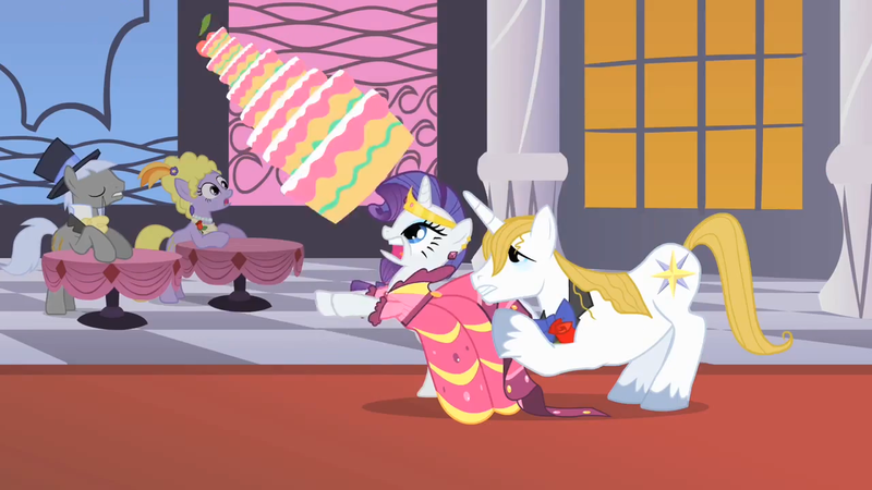 Size: 1280x720 | Tagged: safe, derpibooru import, screencap, caesar, lyrica lilac, prince blueblood, rarity, earth pony, pony, unicorn, the best night ever, arrogant, cake, clothes, dress, female, food, gala dress, hat, incoming, looking up, male, mare, monocle and top hat, rearing, selfish, shield, sin of pride, stallion, startled, unshorn fetlocks