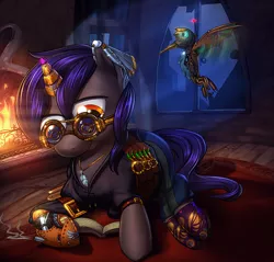 Size: 942x900 | Tagged: safe, artist:vest, derpibooru import, oc, unofficial characters only, hummingbird, pony, amputee, book, bookmark, colt, devon, fire, fireplace, male, night, prosthetics, reading, stallion, starstruck, steampunk