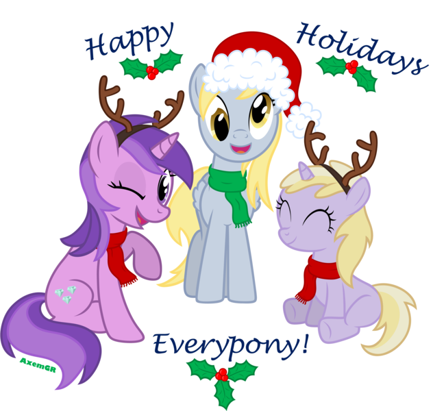 Size: 6380x6060 | Tagged: safe, artist:axemgr, derpibooru import, amethyst star, derpy hooves, dinky hooves, pegasus, pony, absurd resolution, antlers, clothes, equestria's best daughter, equestria's best family, female, hat, mare, santa hat, scarf, sisterly sparkler