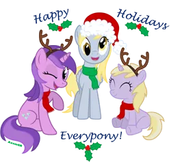 Size: 6380x6060 | Tagged: safe, artist:axemgr, derpibooru import, amethyst star, derpy hooves, dinky hooves, pegasus, pony, absurd resolution, antlers, clothes, equestria's best daughter, equestria's best family, female, hat, mare, santa hat, scarf, sisterly sparkler